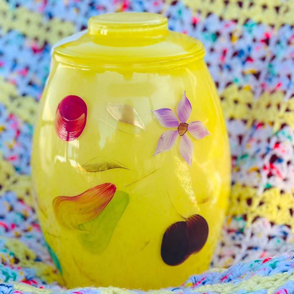 BARTLETT COLLINS Cookie Jar Yellow Glass with Fruits & Flowers Made in USA 1960s